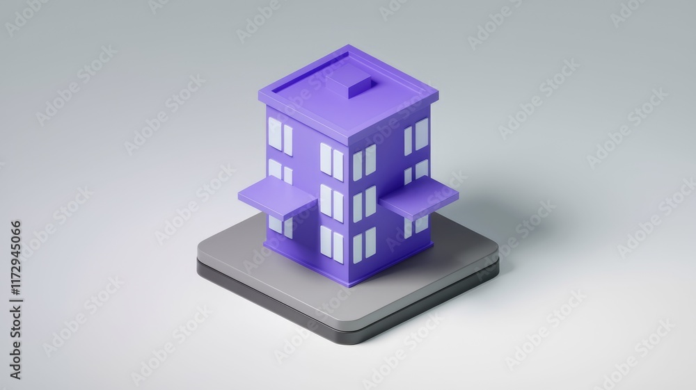 Aufkleber a low-poly 3d model of a purple building with balconies, showcasing simple architectural design.