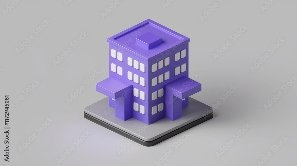 Poster isometric view of a stylized purple building with white windows, simple design, 3d rendering.