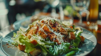 Artfully arranged caesar salad with grilled chicken, vibrant lettuce, croutons, and parmesan