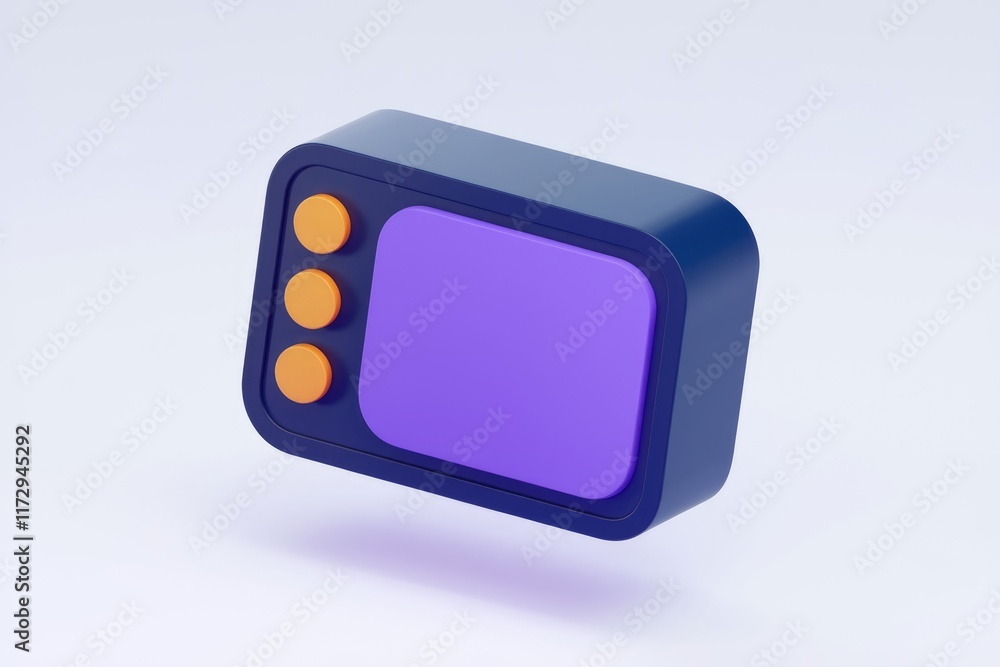 Poster A 3D render of a retro television with a purple screen and orange buttons.
