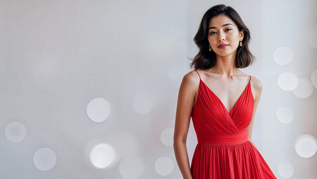 チェリーレッドのドレスと柔らかな照明で魅力を引き出す女性.生成AI