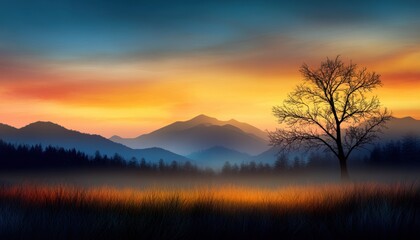 Fototapeta premium A breathtaking landscape at twilight, showcasing silhouetted mountains and a barren tree against a vibrant sky.