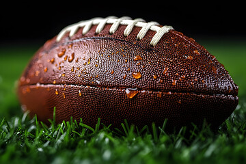 Obraz premium American Football on Green Grass with Black Background