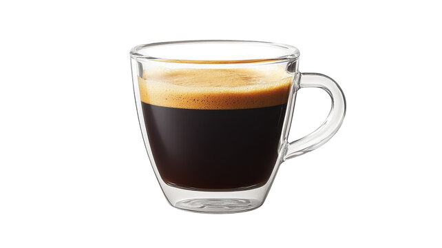 Realistic espresso coffee in clear glass cup, dark crema shot PNG, cafe beverage cutout for menus and ads