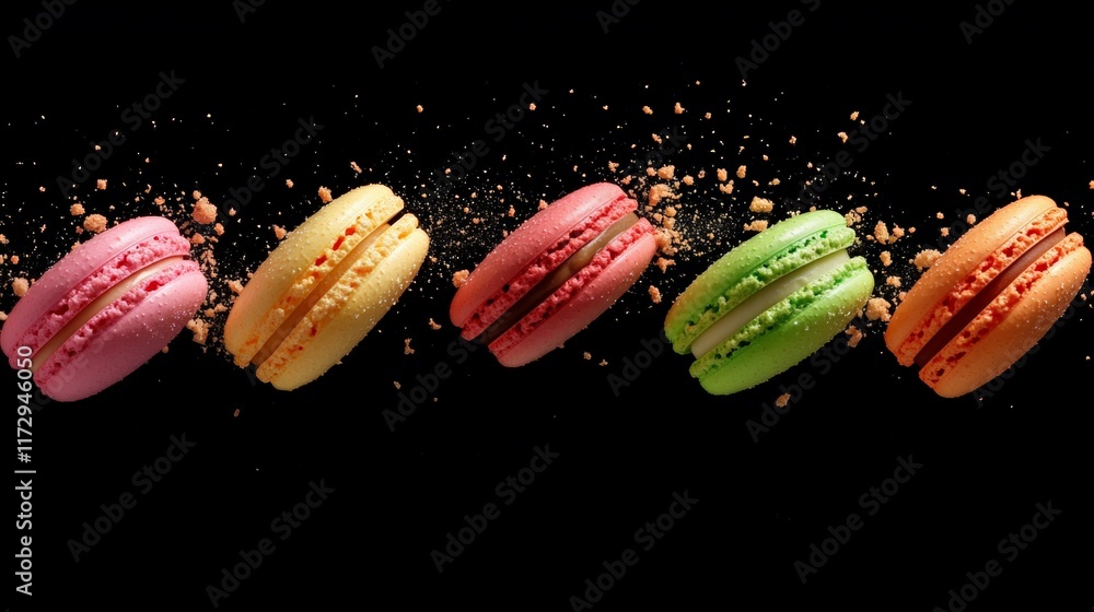 Poster Five colorful macarons with different flavors are levitating on a black background, surrounded by crumbs, creating a visually appealing arrangement