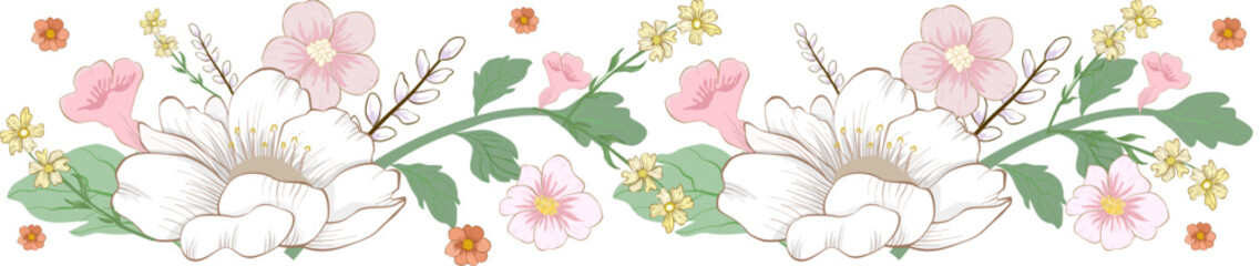 floral bouquet with white and pink blossoms, green leaves, and delicate golden accents, ideal for wedding designs, invitations,stationery,romantic projects.,Stripe vector illustration