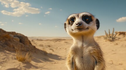 A curious meerkat stands in a desert landscape under a bright sky.
