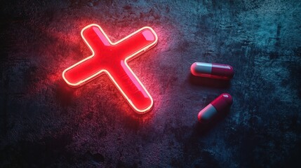 Glowing Red Cross Neon Sign And Pills