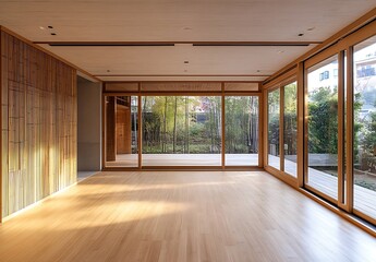 Fototapeta premium Minimalist Bamboo and Wood Interior with Garden Views
