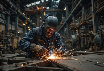 Skilled welder working in an industrial factory, sparks flying from metalwork.