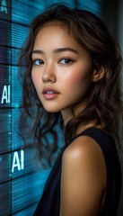 Fototapeta premium Young Woman, AI Letters, And Digital Background A Modern Portrait Exploring Technology Concepts.