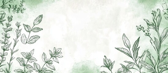 Watercolor green leaves and herbs frame.