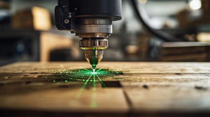 Precision Laser Alignment Tool Casting Green Dots on Wooden Surface for Calibration and Measurement
