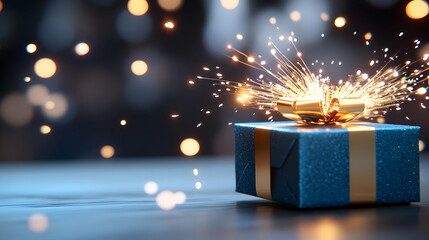 Sparkling gift box on wooden surface, festive bokeh background; ideal for holidays, celebrations, or promotional material