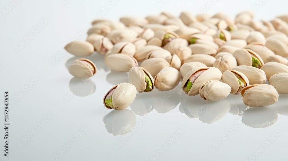 Aufkleber Numerous pistachios are scattered across a reflective surface, their shells slightly open, revealing the vibrant green nut within, creating a visually enticing arrangement with mirrored reflections