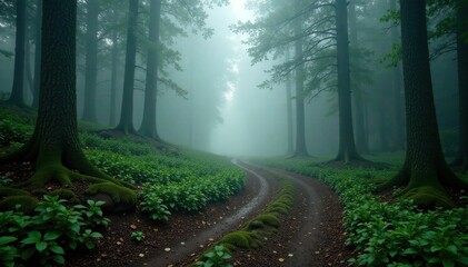 Fototapeta premium A winding path disappears into the foggy forest, foggy forest path, woodland trail, forest landscape