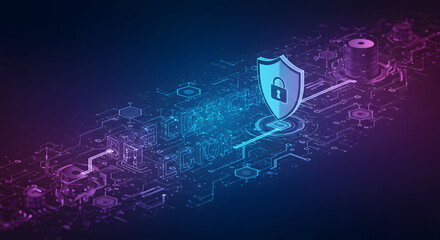 ia generated. Cyber security concept. Lock symbol from lines and triangles, point connecting network on blue background