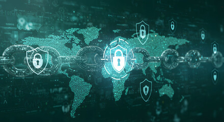 ia generated. Cyber security concept. Lock symbol from lines and triangles, point connecting network on blue background