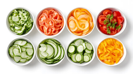  Fresh Chopped Vegetables in Glass Bowls on White Background