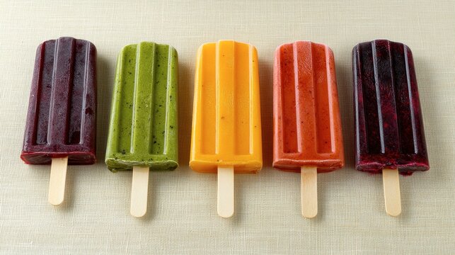 A creative summer concept featuring an assortment of colorful popsicles laid symmetrically on a beige backdrop.