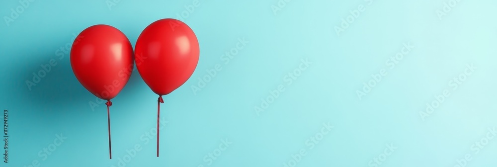 Poster Minimalist image of two red balloons floating against a vibrant light blue backdrop, creating a simple yet captivating visual with ample copy space for text or design elements