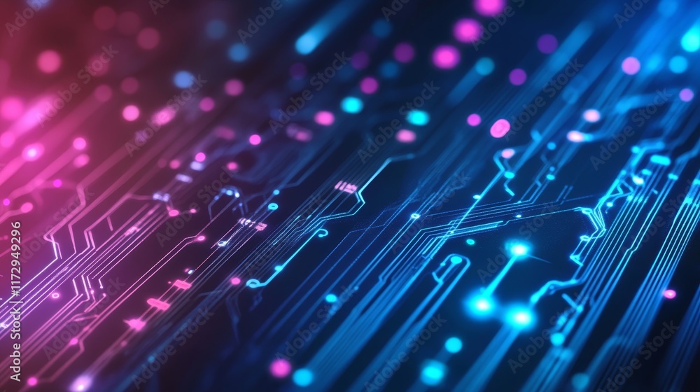 Poster abstract digital circuit design with vibrant colors and glowing elements.