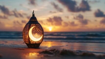 A decorative lantern with a crescent moon design on a beach at sunset.