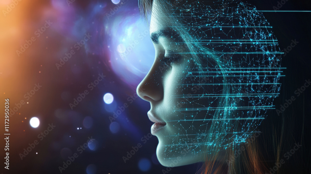 Poster futuristic digital interface overlays a woman's profile, highlighting advanced technology concepts, 