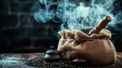 A creative tea display with lapsang souchong tea packaged in rustic burlap, with a small smoker tool creating a dramatic smoky effect for a theatrical presentation