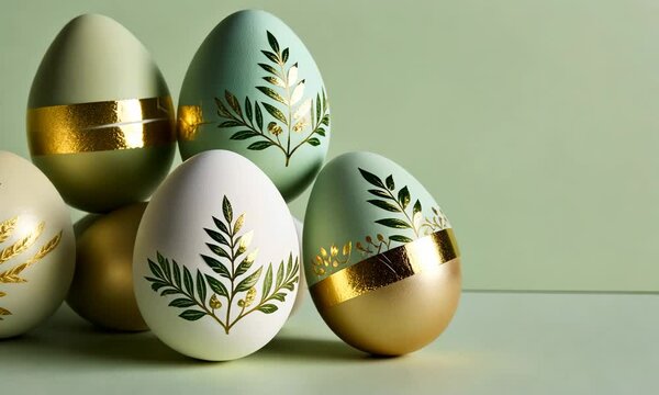 Elegant Easter eggs with leaf patterns and gold foil accents on a soft green background. Natural and sophisticated holiday theme. Copy space for text background