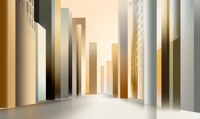 Abstract cityscape with tall buildings in warm tones and soft gradients.