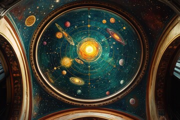 Fototapeta premium Celestial Dome Painting Depicts A Planetary System