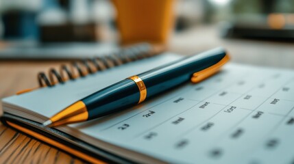 Fototapeta premium A detailed view of a pen with a gold trim placed on top of a planner, suggesting efficiency and organization.