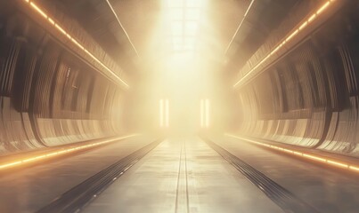 A futuristic, illuminated tunnel with a hazy atmosphere and glowing lines.