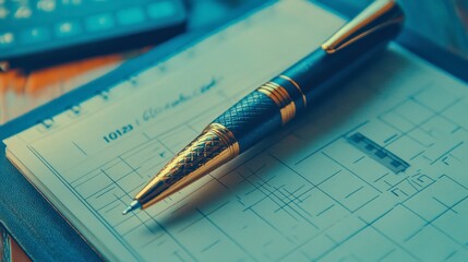 Fototapeta premium A detailed view of a pen with a gold trim placed on top of a planner, suggesting efficiency and organization.