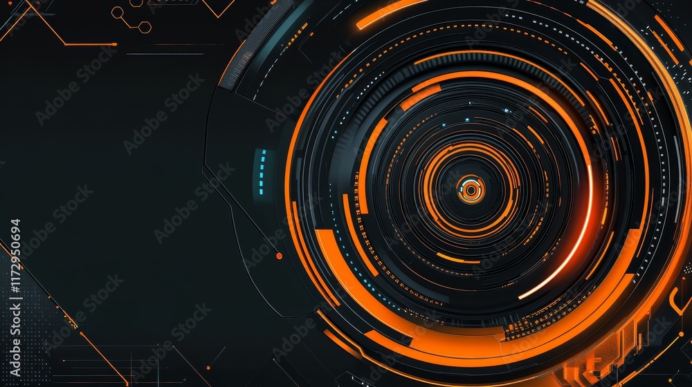 Aufkleber abstract digital design featuring concentric circles and glowing elements in orange and blue.