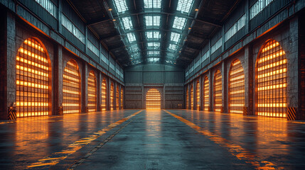 Dramatic industrial warehouse with glowing windows and high ceilings