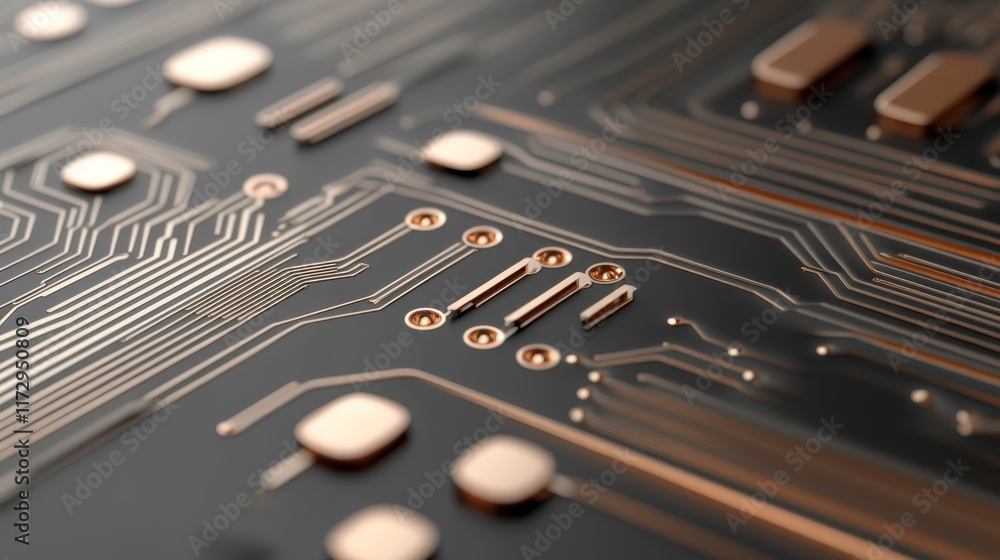 Poster close-up of a circuit board with intricate copper traces and components.