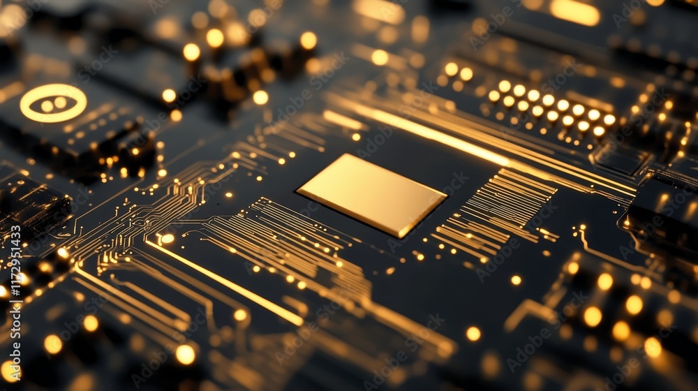 Aufkleber close-up of a circuit board with a golden microchip, showcasing advanced technology.