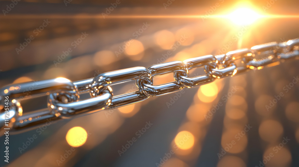 Poster strong metal chain links at sunset, signifying connection and security; bokeh background suggests pr