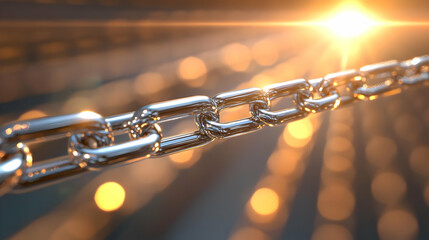 Strong metal chain links at sunset, signifying connection and security; bokeh background suggests progress or journey. Ideal for business, teamwork, and unity concepts