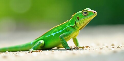 Fototapeta premium Green lizard isolated on white ground with scales visible, environment, landscape, chameleon