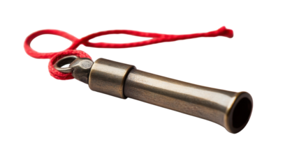 A small metal whistle featuring a vibrant red string, ideal for various outdoor activities, training sessions, and sports events, providing both functionality and style..