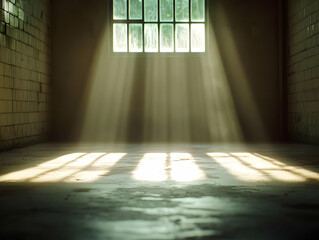 Sunlight streams through a window in a derelict building's room, illuminating dust motes; ideal for film noir, mystery, or suspense themes
