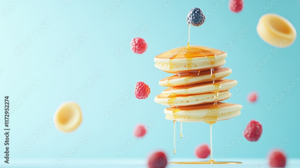 Poster delicious pancakes dripping with syrup, levitating alongside fresh raspberries and a blackberry, cre