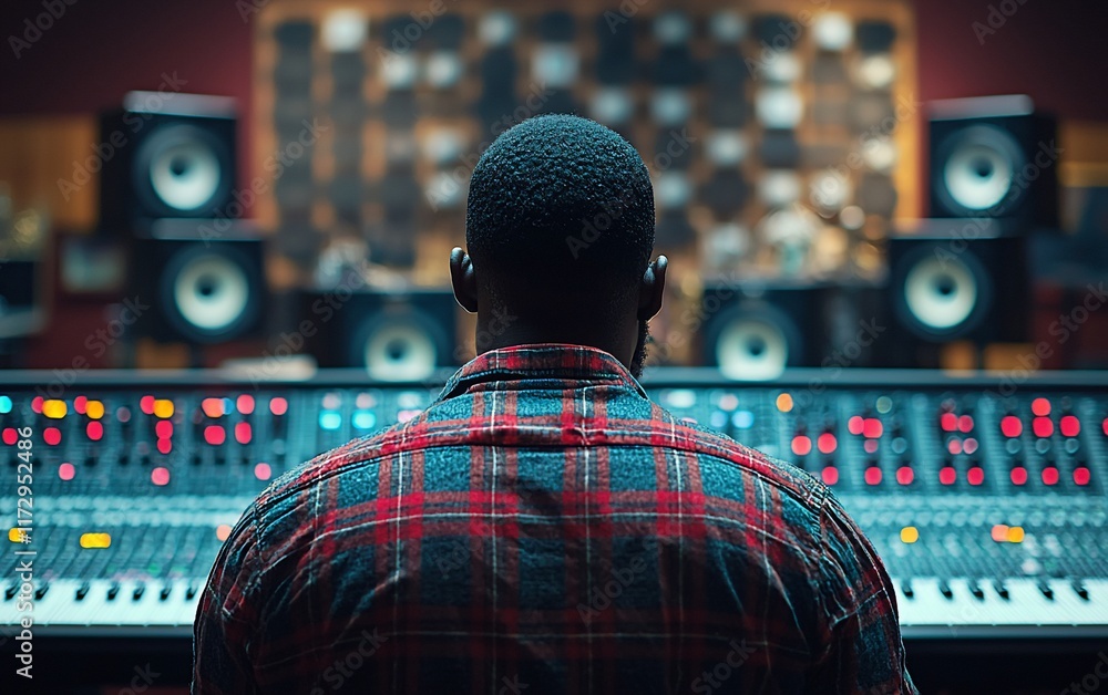 Aufkleber man working at professional audio mixing console in recording studio.