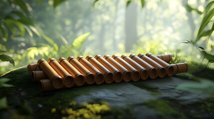 Photorealistic pan flute with bamboo textures set against a lush green outdoor background evoking a natural and cultural aesthetic