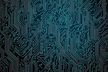 Obraz premium Abstract close-up of a glowing blue digital circuit board, showcasing intricate connections and technological design on a black background. 