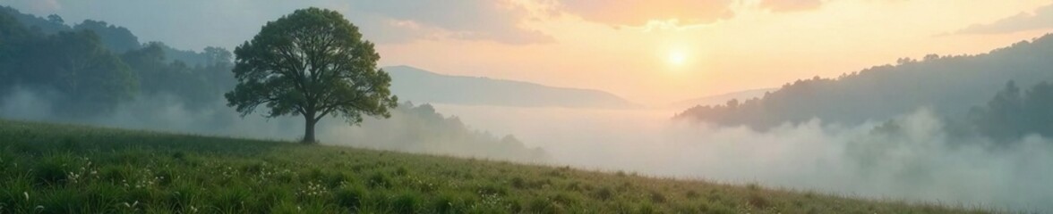 Fototapeta premium Misty morning atmosphere with lone tree in valley, peaceful, trees, misty landscape