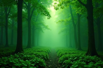 Obraz premium Misty forest with deep green undergrowth fading into light green trees, gradient, greenery